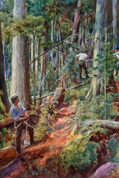 Puunkorjuu Brittiläisessä Kolumbiassa tekijältä Harold Copping