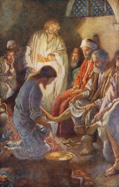 Uusi testamentti: Nöyryyden oppitunti (värilitografia). tekijältä Harold Copping