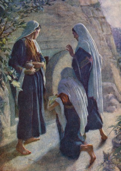 Uusi testamentti: Naiset haudan äärellä (värilitografia). tekijältä Harold Copping