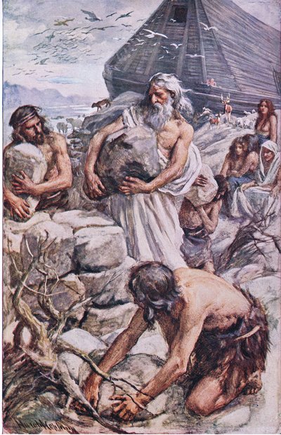 Nooa rakentamassa alttariaan, kuvitus kuvista, jotka opettavat kruunusarjasta, 1920 tekijältä Harold Copping