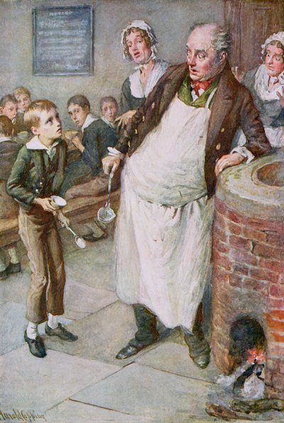 Oliver Asks for More, kuvitus Dickensin hahmoluonnoksista, jonka on koonnut B.W. Matz tekijältä Harold Copping