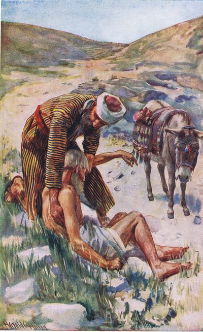 Laupias samarialainen, kuvitus Harold Copping Picturesista: The Crown Series, noin 1920-luku tekijältä Harold Copping