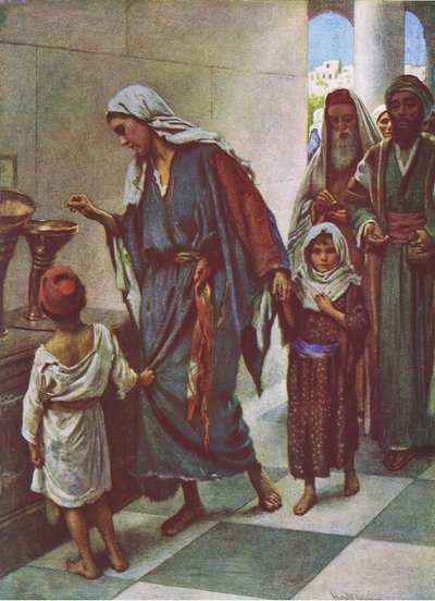 Köyhän naisen lahja, kuvitus Harold Copping Picturesista: The Crown Series, noin 1920-luku tekijältä Harold Copping