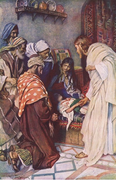 Jairuksen tyttären kasvattaminen, kuvitus Harold Copping Pictures: The Crown -sarjasta, noin 1920-luku tekijältä Harold Copping