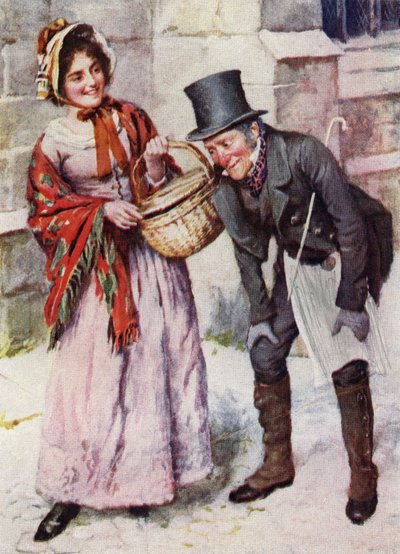 Trotty Veck ja hänen tyttärensä Meg elokuvasta "Trotty Veck ja Oliver Twist" (tulostus) tekijältä Harold Copping