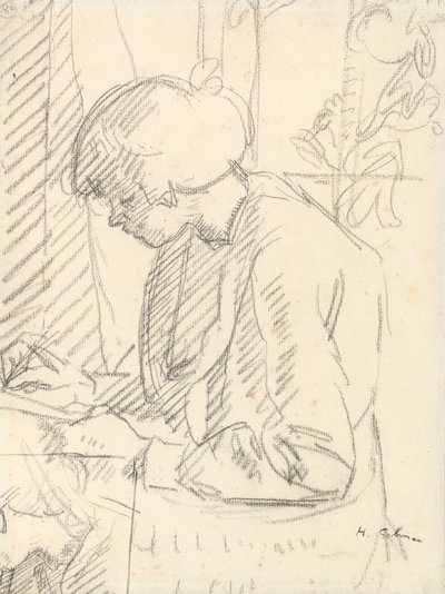 Tyttö kirjoittaa (musta liitu paperille) tekijältä Harold Gilman