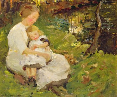 Äiti ja lapsi metsäisessä maisemassa tekijältä Harold Harvey