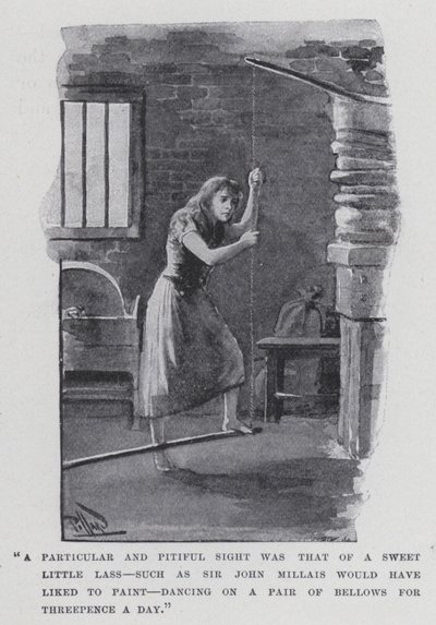 "Erityinen ja säälittävä näky oli suloinen pikkutyttö, jollaista Sir John Millais olisi halunnut maalata, tanssimassa palkeella kolmella pennillä päivässä" (m/v kuva) tekijältä Harold Hume Piffard