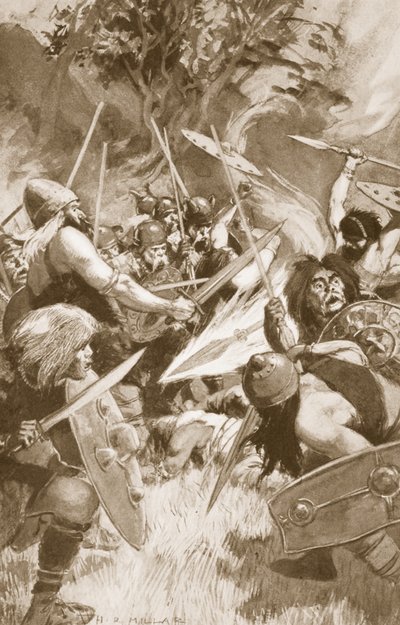 Lughin taikakeihäs, kuvitus Charles Squiren teoksesta Celtic Myth and Legend, 1905 tekijältä Harold Robert Millar