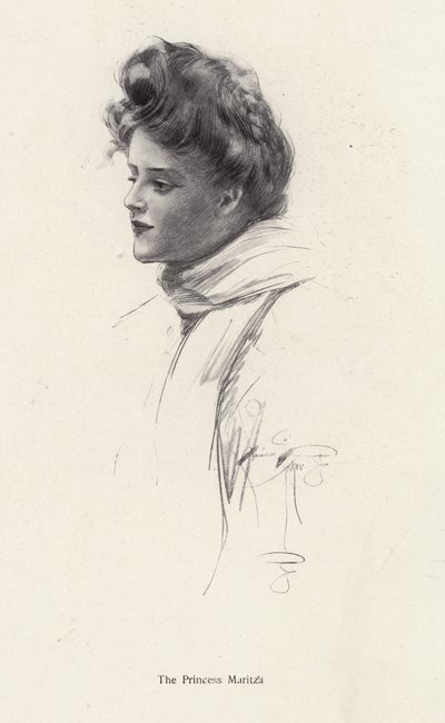 Hahmo, kreivitär Frina Mavrodin Percy Brebnerin (litho) romaanista Prinsessa Moritza tekijältä Harrison Fisher