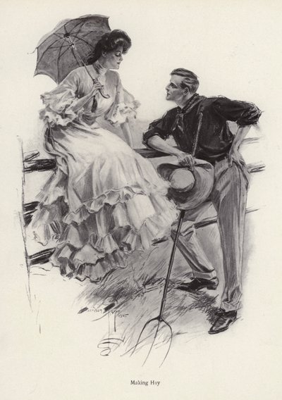 Maanviljelijä flirttailee nuoren naisen kanssa (litografia). tekijältä Harrison Fisher