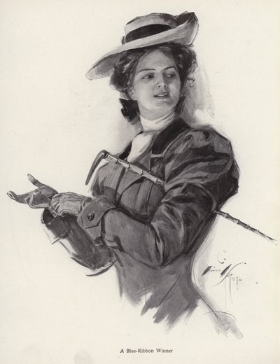 Sinisen nauhan voittaja hevosnainen (litho) tekijältä Harrison Fisher