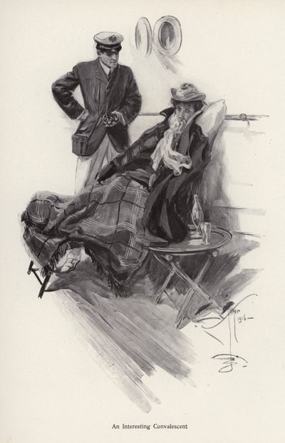 Kapteeni laivalla puhumassa toipilaan naiselle (litho) tekijältä Harrison Fisher