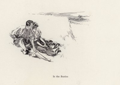 Pariskunta romanttisessa syleilyssä golfkentän bunkerissa (litho) tekijältä Harrison Fisher