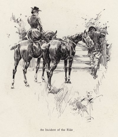 Ratsastajat pysähtyvät avaamaan porttia (litho) tekijältä Harrison Fisher