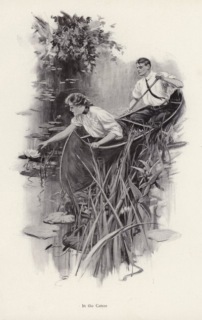 Mies ja nainen kanootissa (litho) tekijältä Harrison Fisher