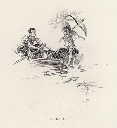Mies ja nainen soutuveneessä järvellä (litho) tekijältä Harrison Fisher