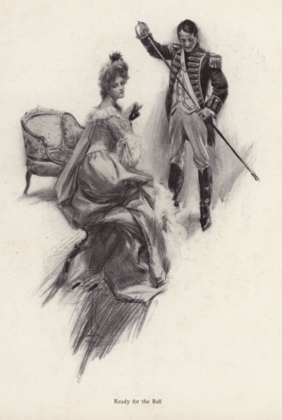 Mies ja nainen valmistautuvat palloon (litho) tekijältä Harrison Fisher