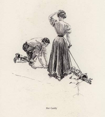 Mies caddying naiselle golfkentällä (litho) tekijältä Harrison Fisher