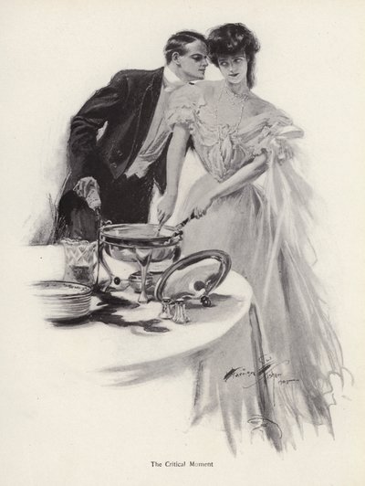 Mies flirttailee naisen kanssa päivällispöydän ääressä (litho) tekijältä Harrison Fisher