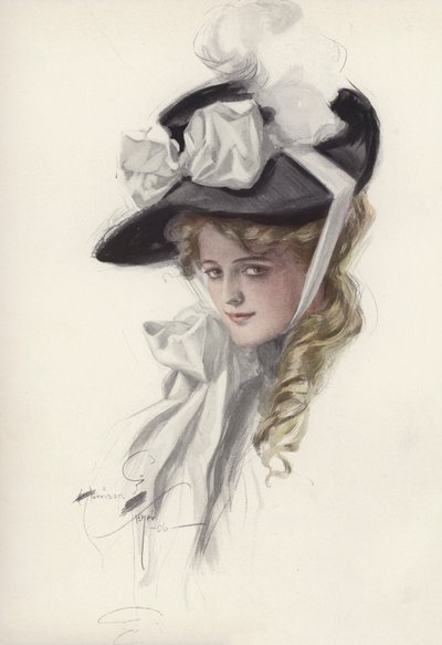Naisen muotokuva hienossa hatussa (väri litho) tekijältä Harrison Fisher