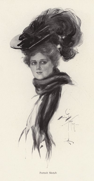 Naisen muotokuva suuressa hatussa (litho) tekijältä Harrison Fisher