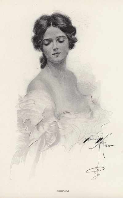 Rosamond-nimisen naisen muotokuva (litho) tekijältä Harrison Fisher