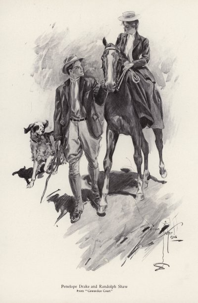 Kaksi hahmoa, Penelope Drake ja Randolph Shaw romaanista Cowardice Court, kirjoittanut George Barr McCutcheon (litho) tekijältä Harrison Fisher