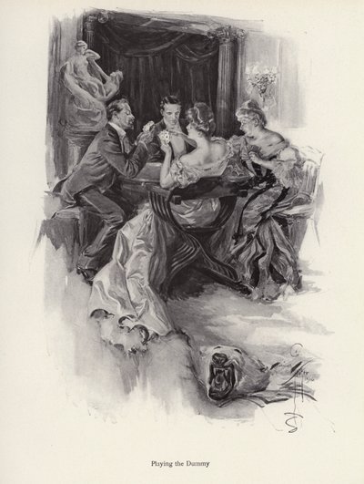 Kaksi pariskuntaa pelaamassa korttia iltajuhlissa (litho) tekijältä Harrison Fisher