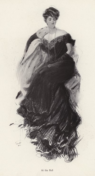 Nainen iltapuvussa ballissa (litho) tekijältä Harrison Fisher