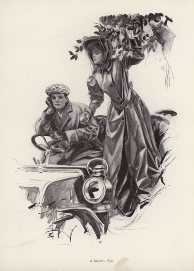 Nainen poimimassa omenoita auton sisältä (litho) tekijältä Harrison Fisher