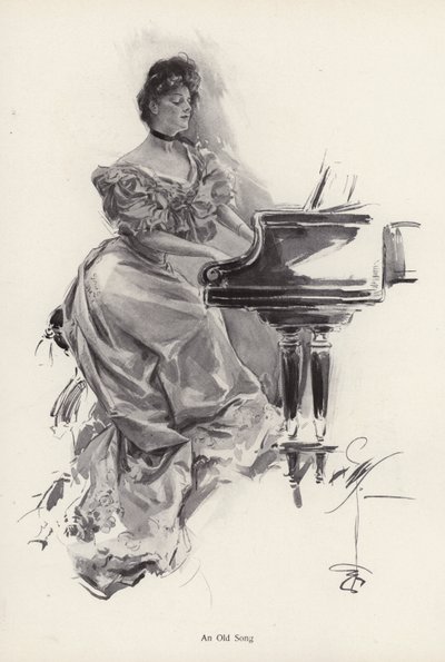 Nainen soittaa kappaletta pianolla (litho) tekijältä Harrison Fisher