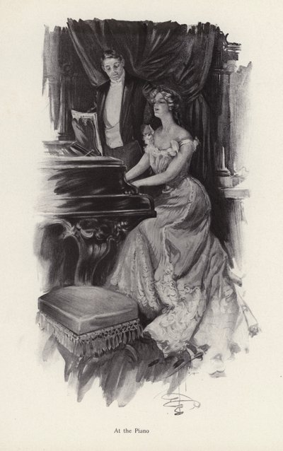 Nainen laulaa pianolla (litho) tekijältä Harrison Fisher