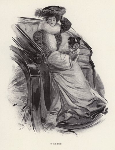 Nainen istuu vaunuissa koiransa kanssa (litho) tekijältä Harrison Fisher