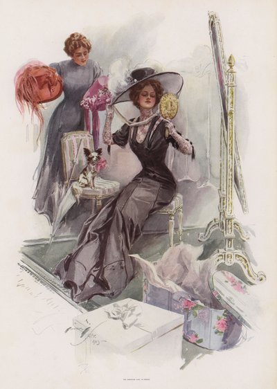 Nuori amerikkalainen nainen kokeilee hattuja ranskalaisessa hatussa (väri litho) tekijältä Harrison Fisher