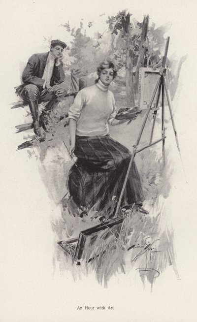 Nuori nainen taiteilija maalaa maaseudulla, kun nuori mies katselee (litho) tekijältä Harrison Fisher
