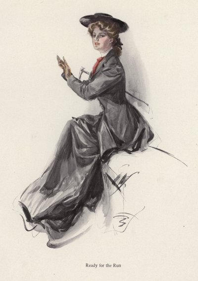 Nuori nainen valmistautuu ratsastukseen (väri litho) tekijältä Harrison Fisher