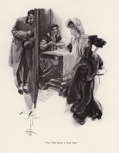 Nuori nainen, jonka tulevaisuudesta kertoi mustalainen (litho) tekijältä Harrison Fisher