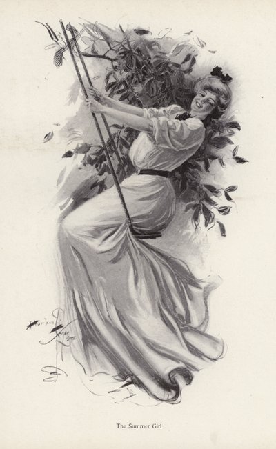 Nuori nainen keinussa (litho) tekijältä Harrison Fisher