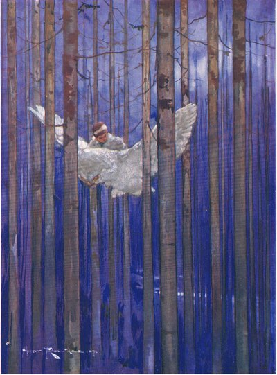 Pöllöllä ja Gilbertillä oli upeita ratsastuksia kuunvalossa (The Forest Foundlingista) (väri litho) tekijältä Harry Rountree