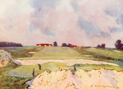Golfkentät: Sandy Lodge, ensimmäinen viheriö, klubitalon suuntaan (värilitografia). tekijältä Harry (1878-1950) Rountree