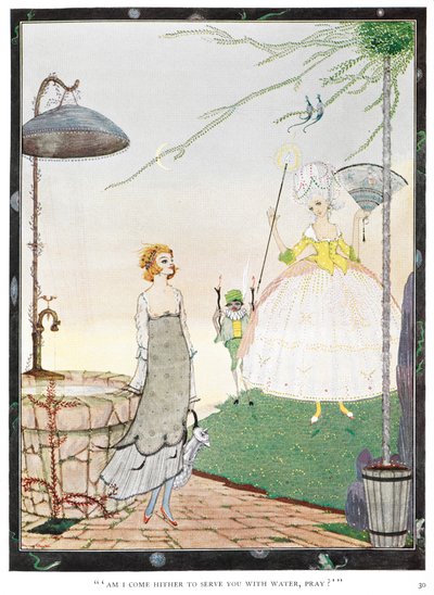 "Tulinko minä tänne palvelemaan sinua vedellä, rukoilkaa?" Kuvitus tarinalle "keiju". Nuori nainen tapaa keijun, jonka ulkonäkö on hyvin pukeutunut nainen. tekijältä Harry Clarke