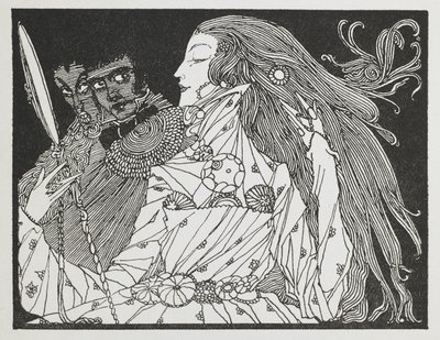 Kuvitus tarinaan "Cinderella". Nainen katselee heijastustaan käsipeilistä tekijältä Harry Clarke