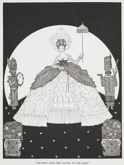 "Toinen kuun värinen mekko". Tarinan kuvitus, "aasinahka". Kaunis prinsessa pitelee aurinkovarjoa, kaksi palvelijaa seisoo hänen molemmin puolin. tekijältä Harry Clarke
