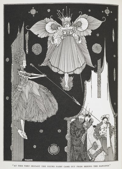 "Tässä hetkessä nuori keiju tuli ulos hirttien takaa." Kuvitus tarinalle "Puun nukkuva kaunotar". tekijältä Harry Clarke