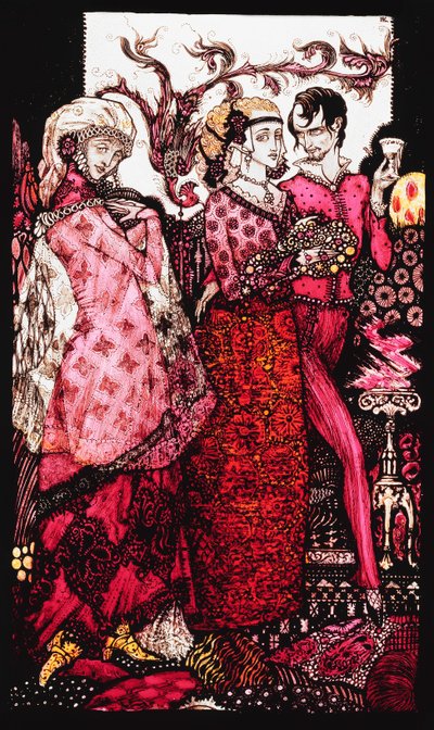 Bert the Bigfoot, laulaa Villon". "Queens", yhdeksän lasipaneelia hapotettu, petsattu ja maalattu, kuvitus J.M. Syngen runo, 1917 tekijältä Harry Clarke