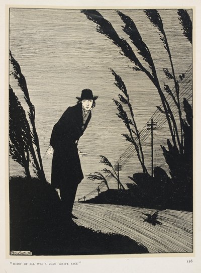 Mustavalkoinen. "Kaiken keskellä oli kylmän valkoiset kasvot". Mustaan pukeutunut mies; rivi lennätinpylväitä. tekijältä Harry Clarke