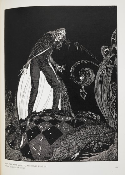 Mutta useiden minuuttien ajan sydän hakkasi vaimealla äänellä. Kuvitus novellelle, "paljastava sydän". Kertoja tukahduttaa vanhaa miestä omassa sängyssä. tekijältä Harry Clarke