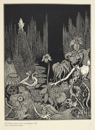 "Mutta koko valtavassa rajattomassa autiomaassa ei kuulunut ääntä." Kuvitus "Hiljaisuus - satu". tekijältä Harry Clarke