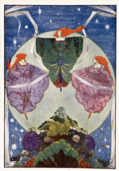 Keijut:"" He tanssivat sumusta ja kuutamosta kudottuilla huiveilla"": Haltiamäki - Hans Christian Andersenin "" Fairy Tales" -kirjassa, ill. Kirjailija: Harry Clarke tekijältä Harry Clarke